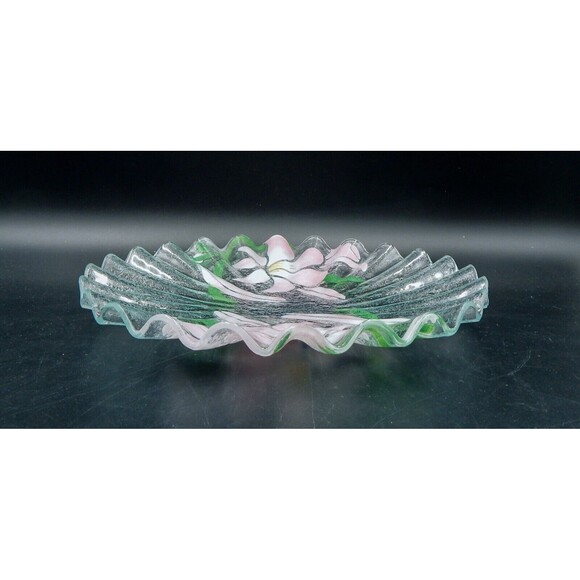 Sydenstricker Art Fused Glass Pink Lily Plate Ruffle Rim Platter 12 Inch - Picture 5 of 6
